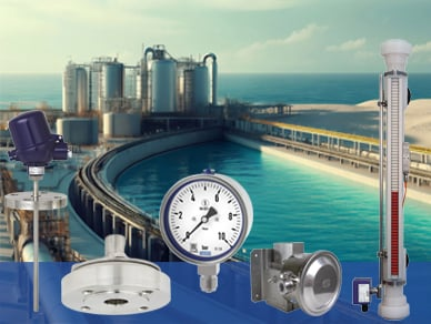 威卡为本文提及的海水淡化厂提供了多种仪表产品，包括（从左至右）：TR10型热电阻温度计、990.12型隔膜密封、263.30型压力表、DW型差压开关和BNA型磁翻板液位计。